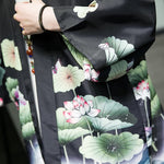 Buddha Stones Summer Casual Lotus Leaves Butterfly Crane Print Open Front Men's Kimono