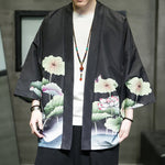 Buddha Stones Summer Casual Lotus Leaves Butterfly Crane Print Open Front Men's Kimono