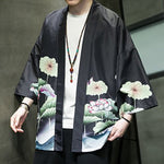 Buddha Stones Summer Casual Lotus Leaves Butterfly Crane Print Open Front Men's Kimono