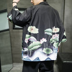 Buddha Stones Summer Casual Lotus Leaves Butterfly Crane Print Open Front Men's Kimono