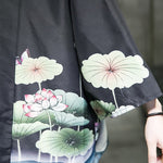 Buddha Stones Summer Casual Lotus Leaves Butterfly Crane Print Open Front Men's Kimono