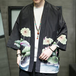 Buddha Stones Summer Casual Lotus Leaves Butterfly Crane Print Open Front Men's Kimono