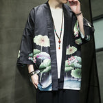 Buddha Stones Summer Casual Lotus Leaves Butterfly Crane Print Open Front Men's Kimono