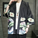 Buddha Stones Summer Casual Lotus Leaves Butterfly Crane Print Open Front Men's Kimono