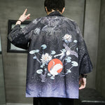 Buddha Stones Summer Casual Lotus Leaves Butterfly Crane Print Open Front Men's Kimono