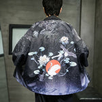 Buddha Stones Summer Casual Lotus Leaves Butterfly Crane Print Open Front Men's Kimono