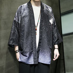 Buddha Stones Summer Casual Lotus Leaves Butterfly Crane Print Open Front Men's Kimono