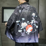 Buddha Stones Summer Casual Lotus Leaves Butterfly Crane Print Open Front Men's Kimono