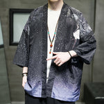 Buddha Stones Summer Casual Lotus Leaves Butterfly Crane Print Open Front Men's Kimono