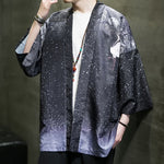 Buddha Stones Summer Casual Lotus Leaves Butterfly Crane Print Open Front Men's Kimono