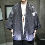 Buddha Stones Summer Casual Lotus Leaves Butterfly Crane Print Open Front Men's Kimono
