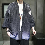 Buddha Stones Summer Casual Lotus Leaves Butterfly Crane Print Open Front Men's Kimono