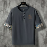 Buddha Stones Summer Casual Frog Button Flower Embroidery Men's Short Sleeve Shirts