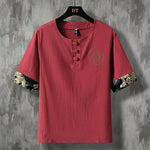 Buddha Stones Summer Casual Frog Button Flower Embroidery Men's Short Sleeve Shirts