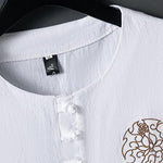 Buddha Stones Summer Casual Frog Button Flower Embroidery Men's Short Sleeve Shirts