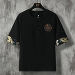 Buddha Stones Summer Casual Frog Button Flower Embroidery Men's Short Sleeve Shirts