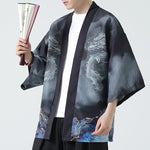 Buddha Stones Summer Casual Dragon Mountains Open Front Men's Kimono