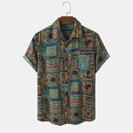 Buddha Stones Summer Boho Vintage Button-Up Geometric Men's Short Sleeve Shirts