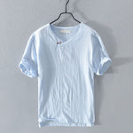 Buddha Stones Summer Casual Asymmetrical V-Neck Button Solid Men's Short Sleeve Shirts