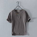 Buddha Stones Summer Casual Asymmetrical V-Neck Button Solid Men's Short Sleeve Shirts