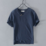 Buddha Stones Summer Casual Asymmetrical V-Neck Button Solid Men's Short Sleeve Shirts