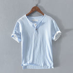 Buddha Stones Summer Casual Minimalist Two Buttons Solid Cotton Linen Men's Short Sleeve Shirts