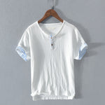 Buddha Stones Summer Casual Minimalist Two Buttons Solid Cotton Linen Men's Short Sleeve Shirts