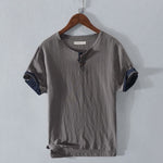 Buddha Stones Summer Casual Minimalist Two Buttons Solid Cotton Linen Men's Short Sleeve Shirts