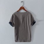 Buddha Stones Summer Casual Minimalist Two Buttons Solid Cotton Linen Men's Short Sleeve Shirts