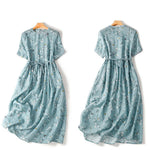 Buddha Stones Summer Casual Vintage Drawstring Blue Floral Women's Short Sleeve Dress