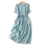 Buddha Stones Summer Casual Vintage Drawstring Blue Floral Women's Short Sleeve Dress