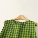 Buddha Stones Summer Casual Green Plaid Pattern Ruffles Cotton Tank Top Women's Sleeveless Shirts