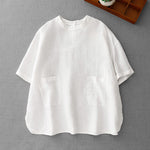 Buddha Stones Summer Casual Minimalist Back Buttons Solid Women's Short Sleeve T-Shirts With Front Pockets