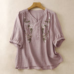 Buddha Stones Summer Boho Embroidery Floral Women's Short Sleeve Shirt