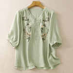 Buddha Stones Summer Boho Embroidery Floral Women's Short Sleeve Shirt