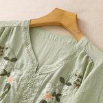 Buddha Stones Summer Boho Embroidery Floral Women's Short Sleeve Shirt