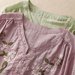 Buddha Stones Summer Boho Embroidery Floral Women's Short Sleeve Shirt