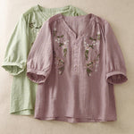 Buddha Stones Summer Boho Embroidery Floral Women's Short Sleeve Shirt