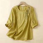 Buddha Stones Summer Casual Crew Neck Embroidery Flower Women's Short Sleeve T-Shirts