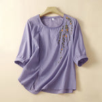 Buddha Stones Summer Casual Crew Neck Embroidery Flower Women's Short Sleeve T-Shirts