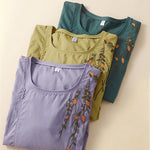 Buddha Stones Summer Casual Crew Neck Embroidery Flower Women's Short Sleeve T-Shirts