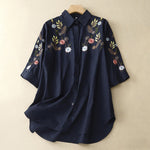 Buddha Stones Spring Summer Boho Embroidery Floral Women's Short Sleeve Shirt