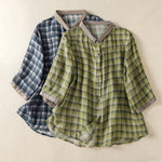 Buddha Stones Summer Vintage Button Up Plaid Women's Short Sleeve Shirts