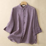Buddha Stones Summer Solid Mandarin Collar Women's Three-Quarter Sleeve Shirts