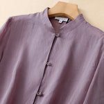 Buddha Stones Summer Solid Mandarin Collar Women's Three-Quarter Sleeve Shirts