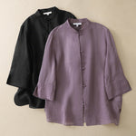 Buddha Stones Summer Solid Mandarin Collar Women's Three-Quarter Sleeve Shirts