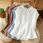 Buddha Stones Summer Casual Ruffled Collar Back Button-up Solid Women's Sleeveless Shirts