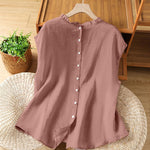 Buddha Stones Summer Casual Ruffled Collar Back Button-up Solid Women's Sleeveless Shirts