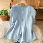 Buddha Stones Summer Casual Ruffled Collar Back Button-up Solid Women's Sleeveless Shirts