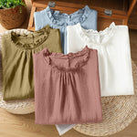 Buddha Stones Summer Casual Ruffled Collar Back Button-up Solid Women's Sleeveless Shirts